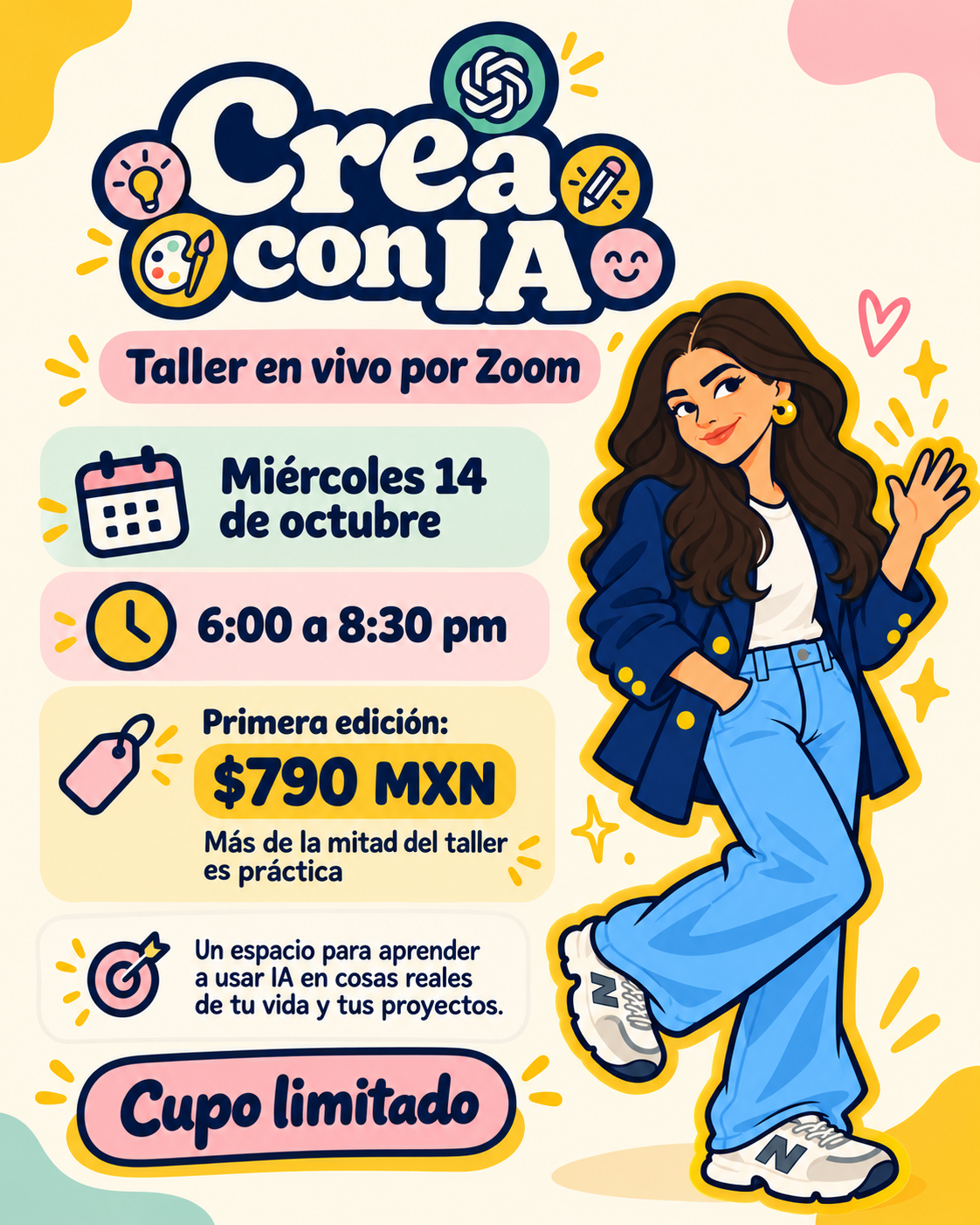 Crea con IA · Taller en vivo por Zoom · 14 de octubre