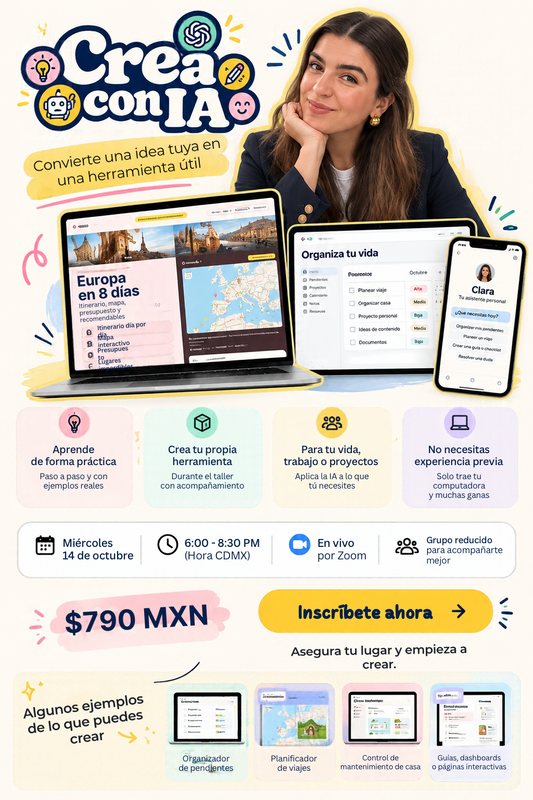 Crea con IA · Taller en vivo por Zoom · 14 de octubre