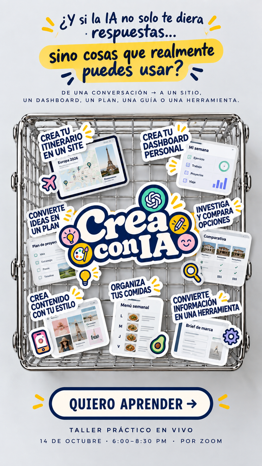 Crea con IA · Taller en vivo por Zoom · 14 de octubre